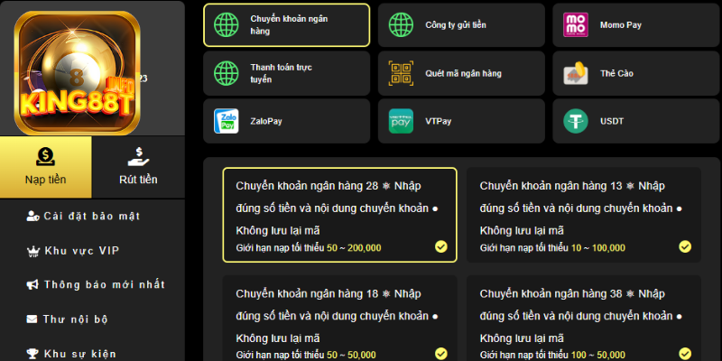 Các phương thức nạp tiền vào nhà cái KING88 phổ biến
